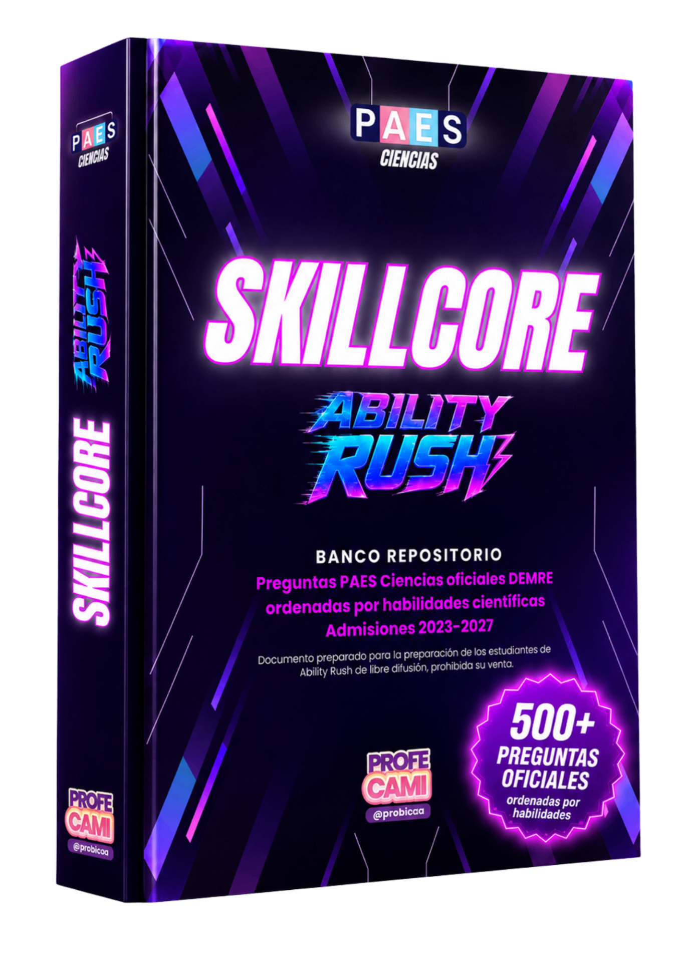 Mockup libro SKILLCORE — banco de preguntas PAES Ciencias